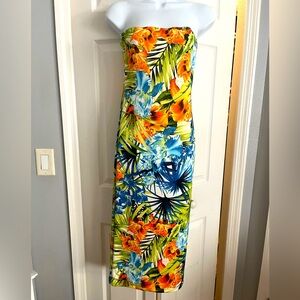 Tropical Floral Strapless Midi Dress